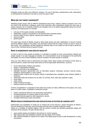300
Programme Guide
Intangible results are often more difficult to measure. The use of interviews, questionnaires, tests, observations
or self-assessment mechanisms may help to record this type of result.
WHO ARE THE TARGET AUDIENCES?
Identifying target groups, both at different geographical levels (local, regional, national, European) and in the
own field of the beneficiary (colleagues, peers, local authorities, other organisations leading the same type of
activity, networks, etc.) is essential. Activities and messages have to be tailored appropriately taking into account
audiences and target groups, for example:
 end-users of the project activities and deliverables;
 stakeholders, experts or practitioners in the field and other interested parties;
 decision-makers at local, regional, national and European level;
 press and media;
 general public.
The poject plans should be flexible enough to allow target groups and other stakeholders to become involved
during the different stages of the project. This will help to ensure that the project remains on track in terms of
their needs. Their participation will also highlight the potential value of your project as well as help to spread the
news to other interested parties throughout Europe.
HOW TO DISSEMINATE AND EXPLOIT RESULTS?
In order to reach as many people as possible, it is advisable to translate as many communication materials and
project outputs in as many languages as possible. It is recommended to cover all languages of the partnership
and English; the cost of these translations could be included in the grant request if necessary.
There are many different ways to disseminate and exploit results. Being creative and thinking of fresh ideas so
that the Erasmus+ project and results really stand out will be appreciated. Beneficiaries could use:
 the EU Dissemination Platform (see below);
 project or organisational websites;
 meetings and visits to key stakeholders;
 dedicated discussion opportunities such as information sessions, workshops, seminars, training courses,
exhibitions, demonstrations, or peer reviews;
 targeted written material such as reports, articles in specialised press, newsletters, press releases, leaflets or
brochures;
 audiovisual media and products such as radio, TV, YouTube, Flickr, video clips, podcasts or apps;
 social media;
 public events;
 project branding and logos;
 existing contacts and networks.
In terms of exploitation it is important to think about how results can make a difference to the project, end- users,
peers or to policy makers. Exploitation mechanisms include:
 positive reputational effects for the participating organisations;
 increased awareness on a theme, target or area of work;
 increased financial support by other supporters or donors;
 increased influencing on policy and practice.
WHEN SHOULD DISSEMINATION AND EXPLOITATION ACTIVITIES BE CARRIED OUT?
Dissemination and exploitation of results are an integral part of the Erasmus+ project throughout its lifetime:
from the beneficiary's initial idea, during the project and even after European funding has ended.
Setting up a timetable of activities together with the partners involved and allocating appropriate budget and
resources will be necessary. The plan will also have to:
 agree realistic targets and deadlines with partners to monitor progress;
 align dissemination and exploitation activities with key stages of the project;
 offer sufficient flexibility to respond to the needs of the target group as well as wider developments in policy
and practice.
 