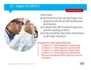 Corporate HighlightsCorporate HighlightsD2 – Diagnose ACCURATELY
THE PLAN –
 Verification of the design Single Line
Diagram with the actual facility load
distribution.
 Evaluate the UPS installed capacities
and the loading on them.
 Understand the Harmonic Distortions
at all major locations.
PQ ANALYSIS TO BE UNDERTAKEN AT
1. LT Mains Tr 1, With Capacitors Switched On
2. LT Mains Tr 1, With Capacitors Switched Off
3. LT Mains Tr 2, With Capacitors Switched On
4. LT Mains Tr 2, With Capacitors Switched Off
5. Measure and document the capacitor currents
accurately.
Copyright © 2014. POWER MATRIX SOLUTIONS PVT LTD
www.powermatrix.in
 