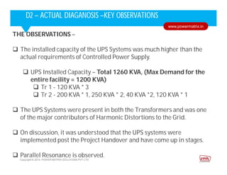 Corporate HighlightsCorporate HighlightsD2 – ACTUAL DIAGANOSIS –KEY OBSERVATIONS
THE OBSERVATIONS –
 The installed capacity of the UPS Systems was much higher than the
actual requirements of Controlled Power Supply.
 UPS Installed Capacity – Total 1260 KVA, (Max Demand for the
entire facility = 1200 KVA)
 Tr 1 - 120 KVA * 3
 Tr 2 - 200 KVA * 1, 250 KVA * 2, 40 KVA *2, 120 KVA * 1
 The UPS Systems were present in both the Transformers and was one
of the major contributors of Harmonic Distortions to the Grid.
 On discussion, it was understood that the UPS systems were
implemented post the Project Handover and have come up in stages.
 Parallel Resonance is observed.
Copyright © 2014. POWER MATRIX SOLUTIONS PVT LTD
www.powermatrix.in
 