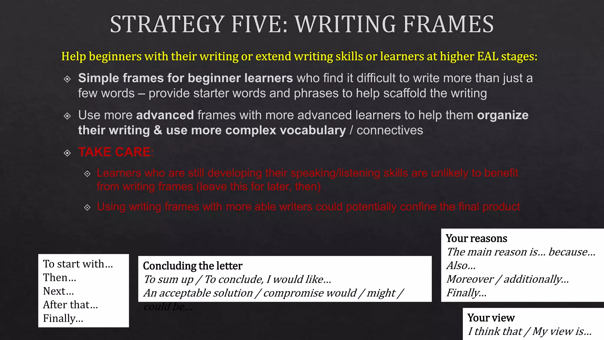 To start with…
Then…
Next…
After that…
Finally… Your view
I think that / My view is…
Your reasons
The main reason is… because…
Also…
Moreover / additionally…
Finally…
Concluding the letter
To sum up / To conclude, I would like…
An acceptable solution / compromise would / might /
could be…
 