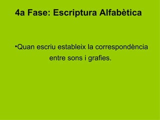 Quan escriu estableix la correspondència entre sons i grafies.  4a Fase: Escriptura Alfabètica 