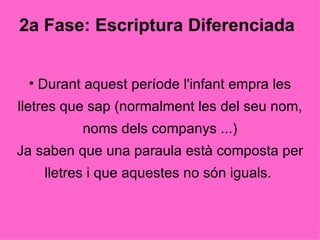 Durant aquest període l'infant empra les lletres que sap (normalment les del seu nom, noms dels companys ...) Ja saben que una paraula està composta per lletres i que aquestes no són iguals.  2a Fase: Escriptura Diferenciada 