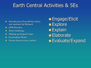 Earth Central Activities & 5Es

   Introductory PowerPoint about
                                     Engage/Elicit
    our institute by Richard.        Explore
   GPS Practice
   Solar Challenge                  Explain
                                     Elaborate
   Making geological maps
   Curriculum Work
   Forum Interactions (online)      Evaluate/Expand
 