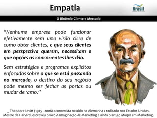 _ Theodore Levitt (1925 - 2006) economista nascido na Alemanha e radicado nos Estados Unidos.
Mestre da Harvard, escreveu o livro A Imaginação de Marketing e ainda o artigo Miopia em Marketing.
“Nenhuma empresa pode funcionar
efetivamente sem uma visão clara de
como obter clientes, o que seus clientes
em perspectiva querem, necessitam e
que opções os concorrentes lhes dão.
Sem estratégias e programas explícitos
enfocados sobre o que se está passando
no mercado, o destino do seu negócio
pode mesmo ser fechar as portas ou
mudar de ramo.”
Empatia
O Binômio Cliente e Mercado
 