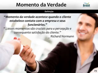 29
“Momento da verdade acontece quando o cliente
estabelece contato com a empresa e seus
funcionários.”
“...esses momentos são cruciais para a percepção e
consequente satisfação do cliente.”
_ Richard Normann
Definição
Momento da Verdade
 