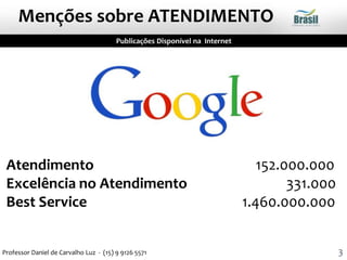Publicações Disponível na Internet
Menções sobre ATENDIMENTO
Atendimento 152.000.000
Excelência no Atendimento 331.000
Best Service 1.460.000.000
Professor Daniel de Carvalho Luz - (15) 9 9126 5571 3
 