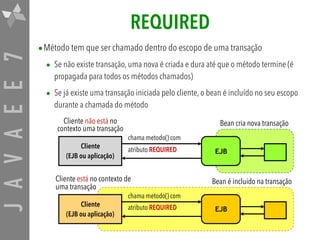JAVAEE7 REQUIRED
•Método tem que ser chamado dentro do escopo de uma transação
• Se não existe transação, uma nova é criada e dura até que o método termine (é
propagada para todos os métodos chamados)
• Se já existe uma transação iniciada pelo cliente, o bean é incluído no seu escopo
durante a chamada do método
Cliente 
(EJB ou aplicação)
EJB
Cliente 
(EJB ou aplicação)
EJB
Cliente não está no
contexto uma transação
Cliente está no contexto de
uma transação
Bean cria nova transação
Bean é incluido na transação
chama metodo() com 
atributo REQUIRED
chama metodo() com 
atributo REQUIRED
 