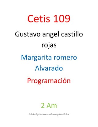 Cetis 109
Gustavo angel castillo
rojas
Margarita romero
Alvarado
Programación
2 Am
1.- Hallar el perímetro de un cuadrado cuyo lado mide 5cm
 