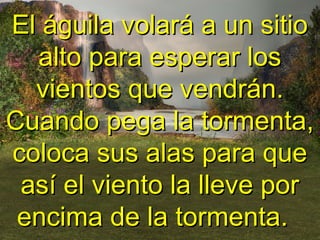 El águila volará a un sitioEl águila volará a un sitio
alto para esperar losalto para esperar los
vientos que vendrán.vientos que vendrán.
Cuando pega la tormenta,Cuando pega la tormenta,
coloca sus alas para quecoloca sus alas para que
así el viento la lleve porasí el viento la lleve por
encima de la tormenta.encima de la tormenta.
 