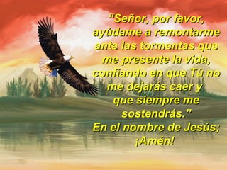““Señor, por favor,Señor, por favor,
ayúdame a remontarmeayúdame a remontarme
ante las tormentas queante las tormentas que
me presente la vida,me presente la vida,
confiando en que Tú noconfiando en que Tú no
me dejarás caer yme dejarás caer y
que siempre meque siempre me
sostendrás.”sostendrás.”
En el nombre de Jesús;En el nombre de Jesús;
¡Amén!¡Amén!
 