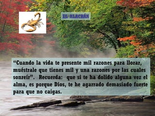 EL ALACRÁN




“Cuando la vida te presente mil razones para llorar,
muéstrale que tienes mil y una razones por las cuales
sonreír”. Recuerda: que si te ha dolido alguna vez el
alma, es porque Dios, te he agarrado demasiado fuerte
para que no caigas.
 