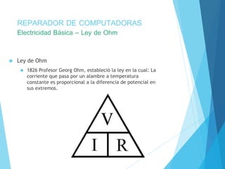 REPARADOR DE COMPUTADORAS 
Electricidad Básica – Ley de Ohm 
 Ley de Ohm 
 1826 Profesor Georg Ohm, estableció la ley en la cual: La 
corriente que pasa por un alambre a temperatura 
constante es proporcional a la diferencia de potencial en 
sus extremos. 
 