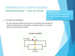 REPARADOR DE COMPUTADORAS 
Electricidad Básica – Tipos de Circuito 
 Circuitos en Paralelo 
Palabras clave: 
Circuito eléctrico cerrado 
Circuito eléctrico abierto 
Switch 
Es una conexión donde los bornes o terminales de entrada de 
todos los dispositivos conectados coinciden entre sí, al igual 
que sus terminales de salida. 
 