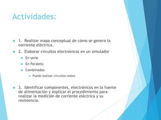 Actividades: 
 1. Realizar mapa conceptual de cómo se genera la 
corriente eléctrica. 
 2. Elaborar circuitos electrónicos en un simulador 
 En serie 
 En Paralelo 
 Combinados 
 Puede realizar circuitos reales 
 3. Identificar componentes, electrónicos en la fuente 
de alimentación y explicar el procedimiento para 
realizar la medición de corriente eléctrica y su 
resistencia. 
