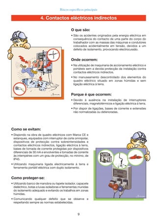 9
Riscos específicos principais
Como se evitam:
• Dispondo na obra de quadro eléctricos com Marca CE e
estanques, equipados com interruptor de corte omnipolar,
dispositivos de protecção contra sobreintensidades e
contactos eléctricos indirectos, ligação eléctrica à terra,
bases de tomada de corrente protegidas por dispositivos
diferenciais de 30 mA e envolventes e tomadas de corrente
às intempéries com um grau de protecção, no mínimo, de
IP45.
• Utilizando maquinaria ligada electricamente à terra e
ferramenta portátil eléctrica com duplo isolamento.
Como proteger-se:
• Utilizando banco de manobra ou tapete isolador, capacete
dieléctrico, botas e luvas isoladoras e ferramentas munidas
do isolamento adequado e evitando os trabalhos em zonas
húmidas.
• Comunicando qualquer defeito que se observe e
respeitando sempre as normas estabelecidas.
O que são:
• São os acidentes originados pela energia eléctrica em
consequência do contacto de uma parte do corpo do
trabalhador com as massas das máquinas e condutores
colocados acidentalmente em tensão, devidos a um
defeito de isolamento, provocando electrocussão.
Onde ocorrem:
• Na utilização de maquinaria de accionamento eléctrico e
portáteis sem a devida protecção da instalação contra
contactos eléctricos indirectos.
• No manuseamento descontrolado dos elementos do
quadro eléctrico situado em zonas húmidas e sem
ligação eléctrica à terra.
Porque é que ocorrem:
• Devido à ausência na instalação de interruptores
diferenciais, magnetotérmicos e ligação eléctrica à terra.
• Por dispor de ligações, bases de corrente e extensões
não normalizadas ou deterioradas.
4. Contactos eléctricos indirectos
 