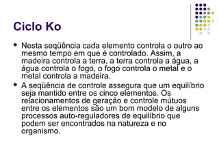 Ciclo Ko
 Nesta seqüência cada elemento controla o outro ao
mesmo tempo em que é controlado. Assim, a
madeira controla a terra, a terra controla a água, a
água controla o fogo, o fogo controla o metal e o
metal controla a madeira.
 A seqüência de controle assegura que um equilíbrio
seja mantido entre os cinco elementos. Os
relacionamentos de geração e controle mútuos
entre os elementos são um bom modelo de alguns
processos auto-reguladores de equilíbrio que
podem ser encontrados na natureza e no
organismo.
 