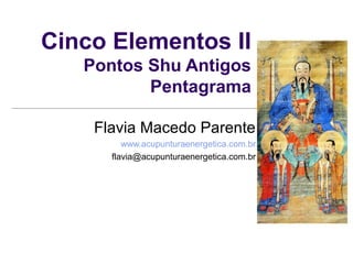 Cinco Elementos II
Pontos Shu Antigos
Pentagrama
Flavia Macedo Parente
www.acupunturaenergetica.com.br
flavia@acupunturaenergetica.com.br
 