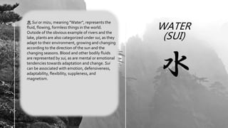 WATER
(SUI)
水 Sui or mizu, meaning "Water", represents the
fluid, flowing, formless things in the world.
Outside of the ob...