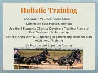 Holistic Training
Determine Your Dominant Element
Determine Your Horse’s Element
Use the 5 Elements Chart to Develop a Training Plan that
Best Suits your Relationship
Other Horses with a Supporting or Controlling Influence Can
Assist your Training
Be Flexible and Enjoy the Journey
 