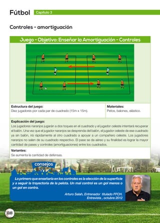 118
Fútbol Capítulo 3
Controles - amortiguación
Juego - Objetivo: Enseñar la Amortiguación - Controles
Estructura del juego:
Diez jugadores por cada par de cuadrado (15m x 15m).
Materiales:
Petos, balones, elástico.
Explicación del juego:
Los jugadores naranjos jugarán a dos toques en el cuadrado y el jugador celeste intentará recuperar
el balón. Una vez que el jugador naranjos se desprenda del balón, el jugador celeste de ese cuadrado
ya sin balón, irá rápidamente al otro cuadrado a apoyar a un compañero celeste. Los jugadores
naranjos no salen de su cuadrado respectivo. El pase se da aéreo y su finalidad es lograr la mayor
cantidad de pases y controles (amortiguaciones) entre los cuadrados.
Variantes:
Se aumenta la cantidad de defensas.
consejos
Loprimeroqueenseñaríaenloscontroleseslaeleccióndelasuperficie
y a seguir la trayectoria de la pelota. Un mal control es un gol menos o
un gol en contra.
Arturo Salah, Entrenador titulado FFCH.
Entrevista , octubre 2012
 