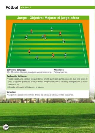 152
Fútbol Capítulo 3
Juego - Objetivo: Mejorar el juego aéreo
Estructura del juego:
40 x 40 metros. Con seis jugadores aproximadamente.
Materiales:
Petos y balones.
Explicación del juego:
• Cada equipo, una vez que tenga el balón, tendrá que lograr quince pases sin que éste toque el
piso. El jugador que reciba el balón deberá recepcionarlo con la cabeza y entregarlo con la mano
nuevamente.
• Se debe interceptar el balón con la cabeza.
Variantes:
• Lograr dos pases consecutivos directo de cabeza a cabeza, en tres ocasiones.
 