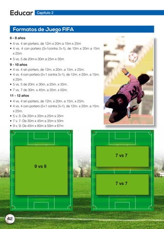 42
Educar Capítulo 2
Formatos de Juego FIFA
6 - 8 años
• 4 vs. 4 sin portero, de 12m x 20m a 15m x 25m
• 4 vs. 4 con portero (3+1contra 3+1), de 12m x 20m a 15m
x 25m
• 5 vs. 5 de 20m x 30m a 25m x 35m
9 - 10 años
• 4 vs. 4 sin portero, de 12m. x 20m. a 15m. x 25m.
• 4 vs. 4 con portero (3+1 contra 3+1), de 12m. x 20m. a 15m.
x 25m.
• 5 vs. 5 de 20m. x 30m. a 25m. x 35m.
• 7 vs. 7 de 30m. x 45m. a 35m. x 50m.
11 - 12 años
• 4 vs. 4 sin portero, de 12m. x 20m. a 15m. x 25m.
• 4 vs. 4 con portero (3+1 contra 3+1), de 12m. x 20m. a 15m.
x 25m.
• 5 v. 5: De 20m x 30m a 25m x 35m
• 7 v. 7: De 30m x 45m a 35m x 50m
• 9 v. 9: De 45m x 60m a 50m x 67m
9 vs 9
7 vs 7
7 vs 7
 