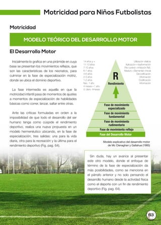 63
El Desarrollo Motor
Motricidad
Inicialmente lo grafica en una pirámide en cuya
base se presentan los movimientos reflejos, que
son las características de los neonatos, para
culminar en la fase de especialización motriz,
donde se ubica el dominio deportivo.
La fase intermedia es aquella en que la
motricidad infantil pasa de momentos de ajustes
a momentos de especialización de habilidades
básicas como correr, lanzar, saltar entre otras.
Ante las críticas formuladas en orden a la
imposibilidad de que todo el desarrollo del ser
humano tenga como cúspide el rendimiento
deportivo, realiza una nueva propuesta en un
modelo hermenéutico ubicando, en la fase de
especialización, tres salidas: una para la vida
diaria, otra para la recreación y la última para el
rendimiento deportivo (Fig. pag. 64).
MODELO TEÓRICO DEL DESARROLLO MOTOR
Sin duda, hay un avance al presentar
este otro modelo, donde el enfoque de
término de la fase de especialización da
más posibilidades, como se menciona en
el párrafo anterior y no solo pensando el
desarrollo humano desde la actividad física
como el deporte con un fin de rendimiento
deportivo (Fig. pag. 64).
Modelo explicativo del desarrollo motor
de Mc Clenaghan y Gallahue (1985)
14 años y +
11-13 años
7-10 años
6-7 años
4-6 años
2-3 años
1-2 años
Nac. 1 año
4 meses—1 año
V. útero- 4meses
Utilización vitalicia
Aplicación—trasformación
Pre-control—inhibición Ref.
Maduro—Elemental—Inicial
Decodificación
Información
Codificación
Información
Motricidad para Niños Futbolistas
Rendimiento
R
Fase de movimiento reflejo
Fase de movimiento
fundamental
Fase de movimiento
especializado
Fase del Desarrollo Motor
Fase de movimiento
rudimentario
 