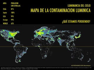Light pollution Copyright Credit: P. Cinzano, F. Falchi (University of Padova), C. D. Elvidge (NOAA National Geophysical Data Center, Boulder). Copyright Royal Astronomical Society Colours correspond to ratios between the artiﬁcial sky brightness and the natural sky brightness of: <0.01
(black), 0.01-0.11 (dark-grey), 0.11-0.33 (blue), 0.33-1 (green), 1-3 (yellow), 3-9 (orange), 9-27 (red), <27 (white)
LUMINANCIA DEL CIELO
MAPA DE LA CONTAMINACION LUMINICA
AREA POBLACION
SIN ESTRELLAS
Chile 87%
Japón 100%
USA 99%
Europa 99%
WORLD 62%
ASTRÓNOMOS ESO #nochezero
¿QUÉ ESTAMOS PERDIENDO?
 