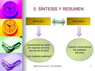 5. SÍNTESIS Y RESUMEN SÍNTESIS RESUMEN Expresamos las ideas sin respetar la forma que les dio el autor “con nuestras palabras” Cuando conservamos las palabras del autor sinónimos