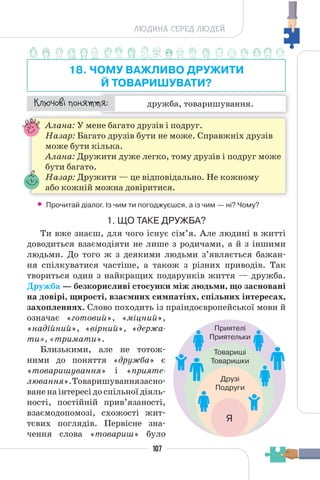 107
ЛЮДИНА СЕРЕД ЛЮДЕЙ
18. ЧОМУ ВАЖЛИВО ДРУЖИТИ
Й ТОВАРИШУВАТИ?
дружба, товаришування.
¯À¹±§Ç ²±âÁµµÁ:
Алана: У мене багато друзів і подруг.
Назар: Багато друзів бути не може. Справжніх друзів
може бути кілька.
Алана: Дружити дуже легко, тому друзів і подруг може
бути багато.
Назар: Дружити — це відповідально. Не кожному
або кожній можна довіритися.
• Прочитай діалог. Із чим ти погоджуєшся, а із чим — ні? Чому?
1. ЩО ТАКЕ ДРУЖБА?
Ти вже знаєш, для чого існує сім’я. Але людині в житті
доводиться взаємодіяти не лише з родичами, а й з іншими
людьми. До того ж з деякими людьми з’являється бажан-
ня спілкуватися частіше, а також з різних приводів. Так
твориться один з найкращих подарунків життя — дружба.
Дружба — безкорисливі стосунки між людьми, що засновані
на довірі, щирості, взаємних симпатіях, спільних інтересах,
захопленнях. Слово походить із праіндоєвропейської мови й
означає «готовий», «міцний»,
«надійний», «вірний», «держа-
ти», «тримати».
Близькими, але не тотож-
ними до поняття «дружба» є
«товаришування» і «прияте-
лювання».Товаришуваннязасно-
ване на інтересі до спільної діяль-
ності, постійній прив’язаності,
взаємодопомозі, схожості жит-
тєвих поглядів. Первісне зна-
чення слова «товариш» було
Приятелі
Приятельки
Товариші
Товаришки
Друзі
Подруги
Я
 