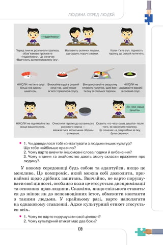139
ЛЮДИНА СЕРЕД ЛЮДЕЙ
• 1. Чи доводилося тобі контактувати з людьми інших культур?
Що тебе найбільше вразило?
2. Чому варто вивчити іншомовні слова подяки й вибачення?
3. Чому вітання та знайомство дають змогу скласти враження про
людину?
У новому середовищі будь собою та адаптуйся, якщо це
можливо. Це компроміс, який можна собі дозволити, при-
наймні щодо дрібних запитань. Звичайно, не варто порушу-
вати свої цінності, особливо коли це стосується дискримінації
та основних прав людини. Скажімо, якщо спільнота ставить-
ся до жінок як до неповноцінних істот, обмежити контакти
з такими людьми. У крайньому разі, варто наполягати
на однаковому ставленні. Адже культурний етикет стосуєть-
ся всіх.
• 1. Чому не варто порушувати свої цінності?
2. Чому культурний етикет має два боки?
Перед тим як розпочати трапезу,
обов’язково промовте
«Ітадакімасу». Це означає
«Вдячність за приготовлену їжу».
Наповніть склянки людям,
що сидять поруч із вами.
Коли п’єте суп, піднесіть
тарілку до рота й потягніть.
НІКОЛИ не їжте суші
більш ніж одним
шматком.
НІКОЛИ не піднімайте їжу
вище вашого рота.
Очистити тарілку до останнього
рисового зерна —
вважається японським обіднім
етикетом.
Скажіть «го-чісо-сама дешіта» після
того, як закінчите трапезу.
Це означає «я дякую Вам за їжу,
було смачно».
Вмокайте суші в соєвий
соус так, щоб лише
м’ясо торкалося соусу.
Використовуйте зворотну
сторону паличок, щоб взя-
ти їжу зі спільної тарілки.
НІКОЛИ не
додавайте васабі
в соєвий соус.
«Ітадакімасу»
«Го-чісо-сама
дешіта»
 
