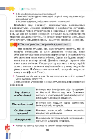 142
Бесіда третя
• 1. Як конфлікт впливає на стан людини?
2. Розглянь карикатуру на попередній сторінці. Чому художник зобра-
зив конфлікт так?
3. Як би ти зобразив/зобразила конфлікт малюнком?
Конфлікт має причину, зароджується, розвивається
і вирішується. Основою конфлікту є конфліктна ситуація,
що виникає через суперечності в інтересах і потребах сто-
рін. Це іще не власне конфлікт, оскільки така суперечність
може не усвідомлюватись. Та врешті-решт настає мить, коли
суперечність усвідомлюється, і саме тоді виникає конфлікт.
# Так говорив/так говорила/а я думаю так
Ми звикли думати, що, заперечуючи комусь, ми не-
минуче починаємо із цією людиною конфлікт, який
обов’язково повинен виявити переможця і переможеного
або ущемити чиєсь самолюбство. Однак не будемо сприй-
мати все в такому світлі. Давайте завжди шукати між
нами щось спільне. Секрет успіху полягає в тому, щоб із
самого початку виявити зацікавленість у точці зору спів-
розмовника. Я абсолютно впевнений, що це під силу кож-
ному з нас (Далай Лама).
• Прочитай вислів мислителя. Чи погоджуєшся ти з його думкою?
Свою відповідь обґрунтуй.
Зважаючи на учасників конфлікту, можна вирізнити такі
його види:
Внутрішньо-
особистісний
Виникає між інтересами або потребами
особистості. Наприклад, між бажанням
пограти в комп’ютерні ігри й необхідністю
виконувати домашнє завдання.
Міжособистісний
Виникає між людьми через відмінність
їхніх цілей або інтересів.
Особистісно-
груповий
Виникає, коли особа займає позицію,
відмінну від усієї групи.
Міжгруповий
Виникає між групами людей через відмін-
ність їхніх цілей або інтересів.
• Наведи по одному прикладу на кожний з видів конфліктів.
 