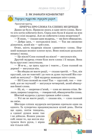 143
ЛЮДИНА СЕРЕД ЛЮДЕЙ
2. ЯК УНИКАТИ КОНФЛІКТІВ?
“¥³±¨â¥ °¶¨³Ç´µ¾: °Ç³®¶Å°± ³¥«±°
Прочитай притчу.
ПРИТЧА ПРО СЛОНА ТА СЛІПИХ МУДРЕЦІВ
Давно це було. Привели якось в одне місто слона. Бага-
то хто хотів побачити його. Серед них були й відомі на всю
округу сліпі мудреці. Але як побачити слона незрячому?
— Я знаю, — сказав один мудрець, — ми його обмацаємо.
— Добра ідея, — погодилися інші. — Так ми зможемо
дізнатися, який він — цей слон.
Отже, шість мудреців пішли «дивитися» слона. Пер-
ший намацав велике плоске вухо. Воно повільно рухалося
вперед і назад.
— Це віяло! Слон схожий на віяло! — вигукнув він.
Другий мудрець стояв біля ноги слона і її мацав. Вона
була круглою і могутньою.
— М-м-м... це щось кругле і товсте... Слон схожий на
дерево! — вигукнув він.
— Ви обидва не маєте рації, — сказав третій. — Так, він
круглий, але не товстий і до того ж дуже гнучкий! Він схо-
жий на мотузку! — Цей мудрець намацав хвіст слона.
— Ні! Слон схожий на спис! Так — круглий, так — тон-
кий, але не гнучкий! — вигукнув четвертий, який обмацу-
вав бивні слона.
— Ні, ні, — закричав п’ятий, — слон як висока стіна. Ве-
лика,широкаішорстка,—говоривтой,обмацуючибікслона.
Шостий мудрець у руках тримав хобот слона.
— Усі ви не маєте рації, — сказав він, — слон схожий
на змію.
Шестеро сліпих мудреців нестримно кричали один на
одного. Їх суперечка продовжувалася цілий день. Потім
ще один, потім тиждень,
а єдиної думки вони так
і не дійшли. Кожен уявляв
собі лише те, що могли від-
чувати його руки, і вірив
він тільки собі.
 