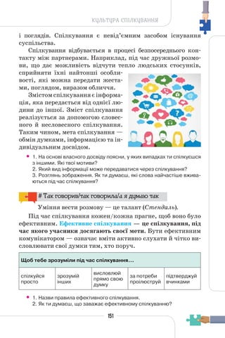 151
КУЛЬТУРА СПІЛКУВАННЯ
і поглядів. Спілкування є невід’ємним засобом існування
суспільства.
Cпілкування відбувається в процесі безпосереднього кон-
такту між партнерами. Наприклад, під час дружньої розмо-
ви, що дає можливість відчути тепло людських стосунків,
сприйняти їхні найтонші особли-
вості, які можна передати жеста-
ми, поглядом, виразом обличчя.
Змістом спілкування є інформа-
ція, яка передається від однієї лю-
дини до іншої. Зміст спілкування
реалізується за допомогою словес-
ного й несловесного спілкування.
Таким чином, мета спілкування —
обмін думками, інформацією та ін-
дивідуальним досвідом.
• 1. На основі власного досвіду поясни, у яких випадках ти спілкуєшся
з іншими. Які твої мотиви?
2. Який вид інформації може передаватися через спілкування?
3. Розглянь зображення. Як ти думаєш, які слова найчастіше вжива-
ються під час спілкування?
# Так говорив/так говорила/а я думаю так
Уміння вести розмову — це талант (Стендаль).
Під час спілкування кожен/кожна прагне, щоб воно було
ефективним. Ефективне спілкування — це спілкування, під
час якого учасники досягають своєї мети. Бути ефективним
комунікатором — означає вміти активно слухати й чітко ви-
словлювати свої думки тим, хто поруч.
Щоб тебе зрозуміли під час спілкування…
спілкуйся
просто
зрозумій
інших
висловлюй
прямо свою
думку
за потреби
проілюструй
підтверджуй
вчинками
• 1. Назви правила ефективного спілкування.
2. Як ти думаєш, що заважає ефективному спілкуванню?
 