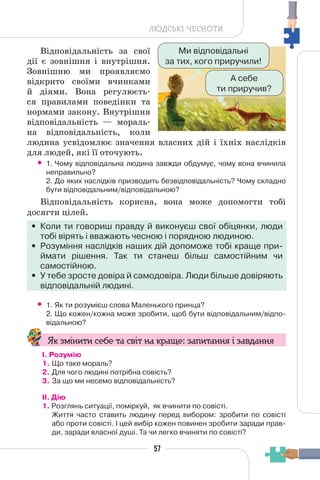57
ЛЮДСЬКІ ЧЕСНОТИ
Відповідальність за свої
дії є зовнішня і внутрішня.
Зовнішню ми проявляємо
відкрито своїми вчинками
й діями. Вона регулюєть-
ся правилами поведінки та
нормами закону. Внутрішня
відповідальність — мораль-
на відповідальність, коли
людина усвідомлює значення власних дій і їхніх наслідків
для людей, які її оточують.
• 1. Чому відповідальна людина завжди обдумує, чому вона вчинила
неправильно?
2. До яких наслідків призводить безвідповідальність? Чому складно
бути відповідальним/відповідальною?
Відповідальність корисна, вона може допомогти тобі
досягти цілей.
• Коли ти говориш правду й виконуєш свої обіцянки, люди
тобі вірять і вважають чесною і порядною людиною.
• Розуміння наслідків наших дій допоможе тобі краще при-
ймати рішення. Так ти станеш більш самостійним чи
самостійною.
• У тебе зросте довіра й самодовіра. Люди більше довіряють
відповідальній людині.
• 1. Як ти розумієш слова Маленького принца?
2. Що кожен/кожна може зробити, щоб бути відповідальним/відпо-
відальною?
Як змінити себе та світ на краще: запитання і завдання
І. Розумію
1. Що таке мораль?
2. Для чого людині потрібна совість?
3. За що ми несемо відповідальність?
II. Дію
1. Розглянь ситуації, поміркуй, як вчинити по совісті.
Життя часто ставить людину перед вибором: зробити по совісті
або проти совісті. І цей вибір кожен повинен зробити заради прав-
ди, заради власної душі. Та чи легко вчиняти по совісті?
Ми відповідальні
за тих, кого приручили!
А себе
ти приручив?
 