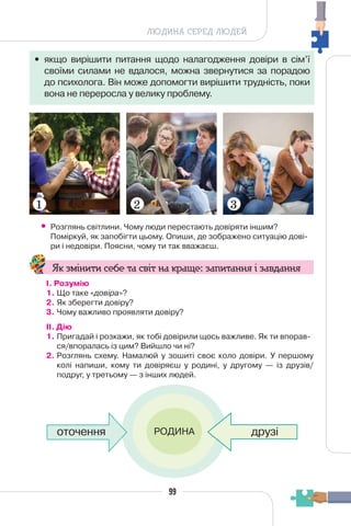 99
ЛЮДИНА СЕРЕД ЛЮДЕЙ
• якщо вирішити питання щодо налагодження довіри в сім’ї
своїми силами не вдалося, можна звернутися за порадою
до психолога. Він може допомогти вирішити трудність, поки
вона не переросла у велику проблему.
1 2 3
• Розглянь світлини. Чому люди перестають довіряти іншим?
Поміркуй, як запобігти цьому. Опиши, де зображено ситуацію дові-
ри і недовіри. Поясни, чому ти так вважаєш.
Як змінити себе та світ на краще: запитання і завдання
І. Розумію
1. Що таке «довіра»?
2. Як зберегти довіру?
3. Чому важливо проявляти довіру?
II. Дію
1. Пригадай і розкажи, як тобі довірили щось важливе. Як ти впорав-
ся/впоралась із цим? Вийшло чи ні?
2. Розглянь схему. Намалюй у зошиті своє коло довіри. У першому
колі напиши, кому ти довіряєш у родині, у другому — із друзів/
подруг, у третьому — з інших людей.
РОДИНА друзі
оточення
 