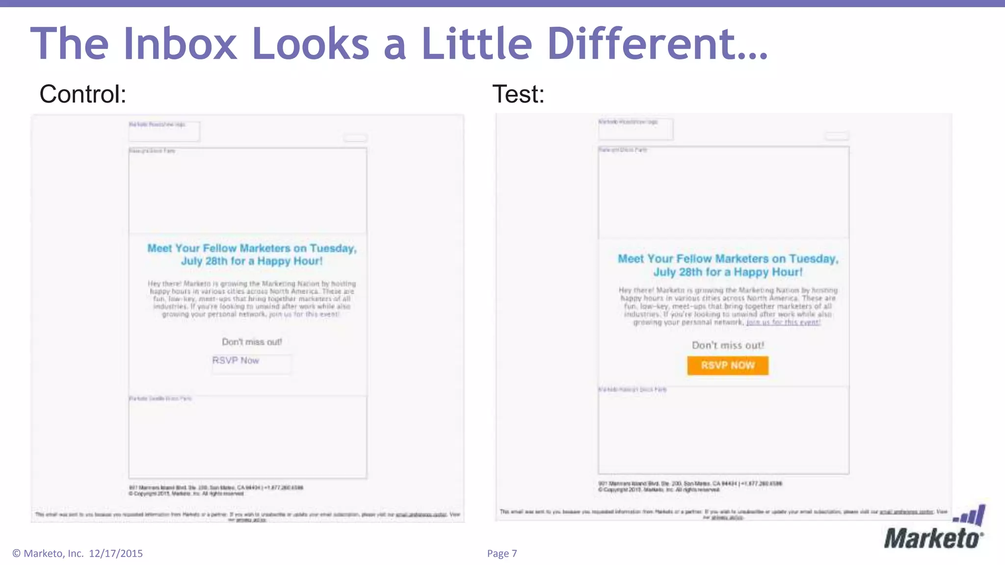 Page 7© Marketo, Inc. 12/17/2015
The Inbox Looks a Little Different…
Control: Test:
 
