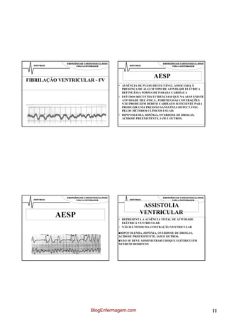 EMERGÊNCIAS CARDIOVASCULARES                            EMERGÊNCIAS CARDIOVASCULARES
  ARRITIMIAS           PARA A ENFERMAGEM              ARRITIMIAS               PARA A ENFERMAGEM




                                                                   AESP
FIBRILAÇÃO VENTRICULAR - FV
                                                • AUSÊNCIA DE PULSO DETECTÁVEL ASSOCIADA Á
                                                  PRESENÇA DE ALGUM TIPO DE ATIVIDADE ELÉTRICA
                                                  DEFINE ESSA FORMA DE PARADA CARDÍACA
                                                • ESTUDOS RECENTES EVIDENCIAM QUE NA AESP EXISTE
                                                  ATIVIDADE MECÂNICA , PORÉM ESSAS CONTRAÇÕES
                                                  NÃO PRODUZEM DÉBITO CARDÍACO SUFICIENTE PARA
                                                  PRODUZIR UMA PRESSÃO SANGUÍNEA DETECTÁVEL
                                                  PELOS MÉTODOS CLÍNICOS USUAIS
                                                • HIPOVOLEMIA, HIPÓXIA, OVERDOSE DE DROGAS,
                                                  ACIDOSE PREEXISTENTE, IAM E OUTROS.




                 EMERGÊNCIAS CARDIOVASCULARES                            EMERGÊNCIAS CARDIOVASCULARES
  ARRITIMIAS           PARA A ENFERMAGEM              ARRITIMIAS               PARA A ENFERMAGEM


                                                                ASSISTOLIA
                                                               VENTRICULAR
               AESP                             • REPRESENTA A AUSÊNCIA TOTAL DE ATIVIDADE
                                                  ELÉTRICA VENTRICULAR
                                                • NÃO HÁ NENHUMA CONTRAÇÃO VENTRICULAR

                                                 HIPOVOLEMIA, HIPÓXIA, OVERDOSE DE DROGAS,
                                                ACIDOSE PREEXISTENTE, IAM E OUTROS.
                                                 NÃO SE DEVE ADMINISTRAR CHOQUE ELÉTRICO EM
                                                NENHUM MOMENTO




                                  BlogEnfermagem.com                                                    11
 