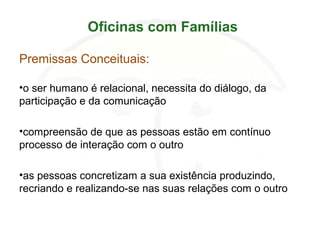 Oficinas com Famílias
Premissas Conceituais:
•o ser humano é relacional, necessita do diálogo, da
participação e da comunicação
•compreensão de que as pessoas estão em contínuo
processo de interação com o outro
•as pessoas concretizam a sua existência produzindo,
recriando e realizando-se nas suas relações com o outro
 