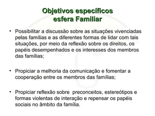 Objetivos específicosObjetivos específicos
esfera Familiaresfera Familiar
• Possibilitar a discussão sobre as situações vivenciadas
pelas famílias e as diferentes formas de lidar com tais
situações, por meio da reflexão sobre os direitos, os
papéis desempenhados e os interesses dos membros
das famílias;
• Propiciar a melhoria da comunicação e fomentar a
cooperação entre os membros das famílias;
• Propiciar reflexão sobre preconceitos, estereótipos e
formas violentas de interação e repensar os papéis
sociais no âmbito da família.
 