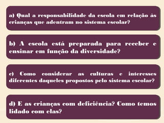b) A escola está preparada para receber e
ensinar em função da diversidade?
b) A escola está preparada para receber e
ensinar em função da diversidade?
c) Como considerar as culturas e interesses
diferentes daqueles propostos pelo sistema escolar?
c) Como considerar as culturas e interesses
diferentes daqueles propostos pelo sistema escolar?
d) E as crianças com deficiência? Como temos
lidado com elas?
d) E as crianças com deficiência? Como temos
lidado com elas?
a) Qual a responsabilidade da escola em relação às
crianças que adentram no sistema escolar?
a) Qual a responsabilidade da escola em relação às
crianças que adentram no sistema escolar?
 