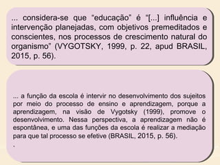 ... considera-se que “educação” é “[...] influência e
intervenção planejadas, com objetivos premeditados e
conscientes, nos processos de crescimento natural do
organismo” (VYGOTSKY, 1999, p. 22, apud BRASIL,
2015, p. 56).
... considera-se que “educação” é “[...] influência e
intervenção planejadas, com objetivos premeditados e
conscientes, nos processos de crescimento natural do
organismo” (VYGOTSKY, 1999, p. 22, apud BRASIL,
2015, p. 56).
... a função da escola é intervir no desenvolvimento dos sujeitos
por meio do processo de ensino e aprendizagem, porque a
aprendizagem, na visão de Vygotsky (1999), promove o
desenvolvimento. Nessa perspectiva, a aprendizagem não é
espontânea, e uma das funções da escola é realizar a mediação
para que tal processo se efetive (BRASIL, 2015, p. 56).
.
... a função da escola é intervir no desenvolvimento dos sujeitos
por meio do processo de ensino e aprendizagem, porque a
aprendizagem, na visão de Vygotsky (1999), promove o
desenvolvimento. Nessa perspectiva, a aprendizagem não é
espontânea, e uma das funções da escola é realizar a mediação
para que tal processo se efetive (BRASIL, 2015, p. 56).
.
 