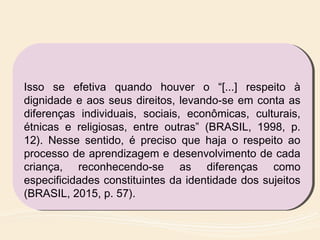 Isso se efetiva quando houver o “[...] respeito à
dignidade e aos seus direitos, levando-se em conta as
diferenças individuais, sociais, econômicas, culturais,
étnicas e religiosas, entre outras” (BRASIL, 1998, p.
12). Nesse sentido, é preciso que haja o respeito ao
processo de aprendizagem e desenvolvimento de cada
criança, reconhecendo-se as diferenças como
especificidades constituintes da identidade dos sujeitos
(BRASIL, 2015, p. 57).
Isso se efetiva quando houver o “[...] respeito à
dignidade e aos seus direitos, levando-se em conta as
diferenças individuais, sociais, econômicas, culturais,
étnicas e religiosas, entre outras” (BRASIL, 1998, p.
12). Nesse sentido, é preciso que haja o respeito ao
processo de aprendizagem e desenvolvimento de cada
criança, reconhecendo-se as diferenças como
especificidades constituintes da identidade dos sujeitos
(BRASIL, 2015, p. 57).
 
