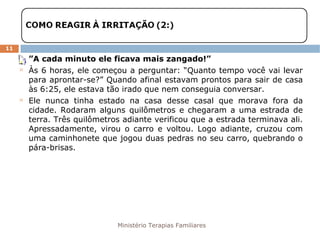 Ministério Terapias Familiares 
11 
 ”A cada minuto ele ficava mais zangado!” 
 Às 6 horas, ele começou a perguntar: “Quanto tempo você vai levar 
para aprontar-se?” Quando afinal estavam prontos para sair de casa 
às 6:25, ele estava tão irado que nem conseguia conversar. 
 Ele nunca tinha estado na casa desse casal que morava fora da 
cidade. Rodaram alguns quilômetros e chegaram a uma estrada de 
terra. Três quilômetros adiante verificou que a estrada terminava ali. 
Apressadamente, virou o carro e voltou. Logo adiante, cruzou com 
uma caminhonete que jogou duas pedras no seu carro, quebrando o 
pára-brisas. 
 