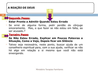 Ministério Terapias Familiares 
14 
 SSeegguunnddoo PPaassssoo:: 
 Estar Pronto a Admitir Quando Estou Errado 
 Se errei de alguma forma, pedir perdão do cônjuge 
sinceramente. Mas, o que fazer se não estou em falta, ao 
ser acusado.? 
 TTeerrcceeiirroo PPaassssoo 
 Se Não Estou Errado, Explicar em Poucas Palavras a 
Situação, Como a Vejo, Depois ficar em Silêncio 
 Talvez seja necessário, neste ponto, buscar ajuda de um 
conselheiro espiritual para, com a sua ajuda, verificar se não 
há algo em relação a si mesmo que você não está 
enxergando. 
 