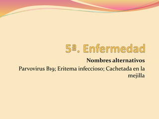 Nombres alternativos
Parvovirus B19; Eritema infeccioso; Cachetada en la
mejilla
 