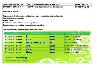 CITY: Santiago de Cali. DATE: Wednesday, March 1st 2017. WEEK: 04 y 05
SUBJECT: ENGLISH 5º TOPIC: Estados de ánimo y Emociones. CLASS: 04 y 05
Activity in Class:
Repasamos lo visto años anteriores con respecto a gramática así:
Pronombres personales
Verbo to be
Oraciones afirmativas e interrogativas
Emociones expresadas en oraciones simples.
Los pronombres personales y el verbo to be: