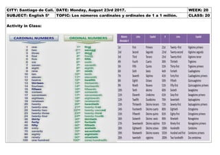 CITY: Santiago de Cali. DATE: Monday, August 23rd 2017. WEEK: 20
SUBJECT: English 5º TOPIC: Los números cardinales y ordinales de 1 a 1 millón. CLASS: 20
Activity in Class:
 