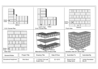 Queen
Closer

Queen
Closer
Stetcher
Queen Closer

1,3,5, Course Plan

Header

Queen
Closer

Stretcher

Side View

General Notes
Educational Assighment

Front View

2,4,6, Course Plan

Alternative Courses Of Brick Wall

Project Title
Brick Bond

Drawing Title
1-1/2 Brick Thick wall
English Bond

Date Of Sub.
22-1-2013

Header

Stretcher

Stretcher

Isometric View Of 1 Brick Wall

Submitted To

Submitted By

Dezyne E'Cole
College Ajmer

Vartika Khandelwal
Msc-ID

 