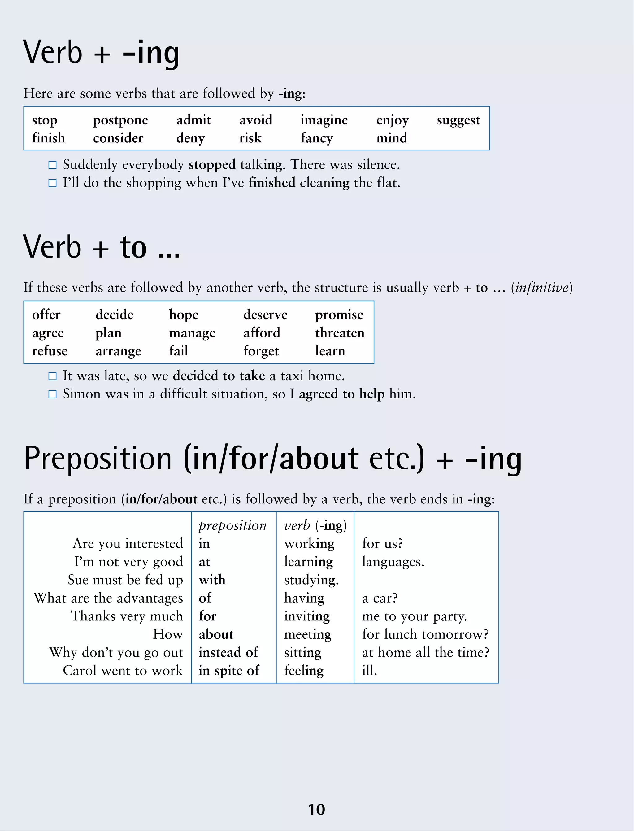 Verb + -ing
Verb + to …
Preposition (in/for/about etc.) + -ing
10
Here are some verbs that are followed by -ing:
stop postpone admit avoid imagine enjoy suggest
finish consider deny risk fancy mind
Suddenly everybody stopped talking. There was silence.
I’ll do the shopping when I’ve finished cleaning the flat.
If these verbs are followed by another verb, the structure is usually verb + to … (infinitive)
It was late, so we decided to take a taxi home.
Simon was in a difficult situation, so I agreed to help him.
offer decide hope deserve promise
agree plan manage afford threaten
refuse arrange fail forget learn
If a preposition (in/for/about etc.) is followed by a verb, the verb ends in -ing:
preposition verb (-ing)
Are you interested in working for us?
I’m not very good at learning languages.
Sue must be fed up with studying.
What are the advantages of having a car?
Thanks very much for inviting me to your party.
How about meeting for lunch tomorrow?
Why don’t you go out instead of sitting at home all the time?
Carol went to work in spite of feeling ill.
 